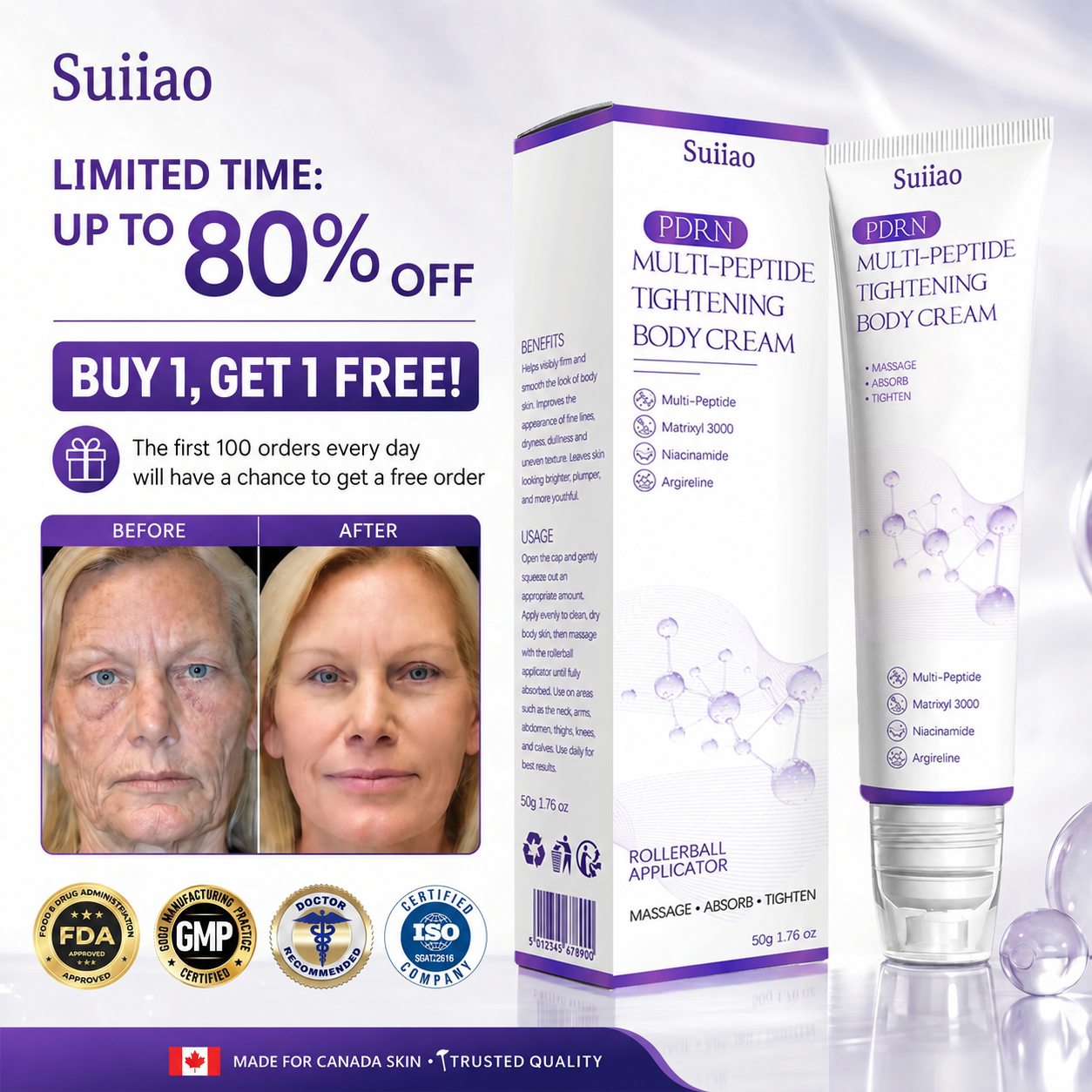 🦩Suiiao® Multi-Peptide Body Massager & Cream — Anti-aging, moisturizing, firming and lifting, skin barrier repair, skin tone evening, acne-prone skin care, blemish, wart, and mole reduction, as well as psoriasis symptom relief